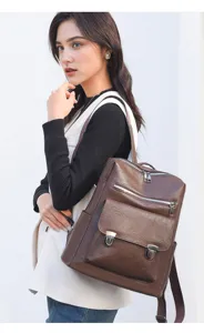Detailansicht des vintage PU Leder Damenrucksacks mit grossem Stauraum und vielen Taschen.