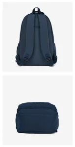Vista dettagliata che mostra il retro e il fondo dello zaino casual in nylon blu per studenti.