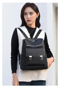 Damen schwarzer PU Leder Vintage Rucksack Grosse Kapazitaet Freizeit Pendler Mode Multifunktio