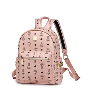 Sac à dos rose style collège pour femme avec imprimé monogramme d'ours mignon et grande capacité.