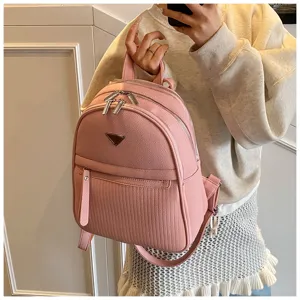 Pink PU leather casual backpack detail with multi zip pockets and stylish daily design.