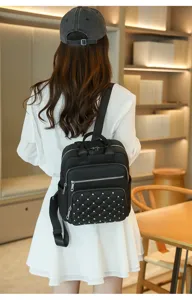 Women stylish black quilted backpack with metal studs, large capacity minimalist daily bag
