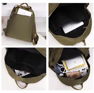 Detailansicht des olivgrünen Nylon-Rucksacks mit Fächern und Stauraum für Tablet.