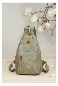 Bolso de pecho mujer versátil gris de cuero PU moda viaje mochila casual chic
