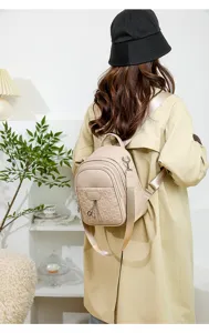 Detail view of stylish women's PU leather backpack, showing back wear and fine texture.