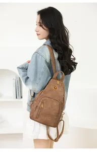 Mochila multifuncional para mujer de cuero PU marrón bolso de pecho de viaje