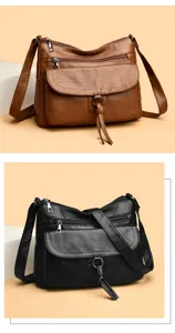 Soft leather shoulder bag for women, multi-pocket crossbody bag, elegant mom bag detail.