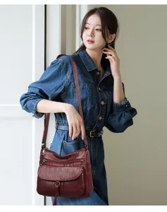 Burgundy soft leather women shoulder bag, multi pocket crossbody mother bag for daily use.
