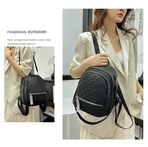 Stylish black leather backpack for women with debossed pattern and chic tassel zipper design.