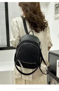 Women fashion black backpack large capacity casual travel school bag with embossed pattern