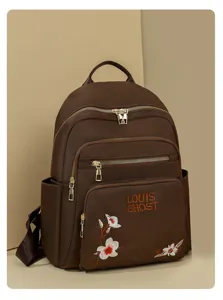 Elegant brown embroidered women backpack casual fashion daypack with floral design details