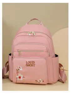 Stylish pink embroidered women backpack, casual daily chic daypack with floral details.