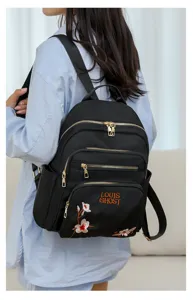Chic embroidered nylon women backpack casual stylish school bookbag with gold zippers