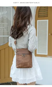 Retro brown leather crossbody bag with multiple pockets, stylish daily casual shoulder bag.
