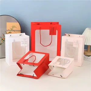 Transparant venster papieren cadeauzakje, veelzijdige handtas voor bloemboeketten en feestjes.