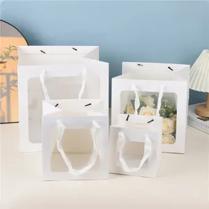 Sac Cadeau Carré à Fenêtre Transparente Carton Blanc Emballage de Fleurs Sac à Main Valentin Mariage Fête Faveur Sac