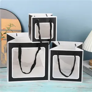 Sac cadeau carré avec fenêtre transparente, sac en papier noir et blanc pour fleurs et fête
