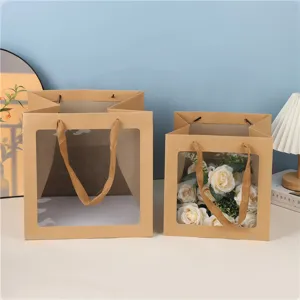 Sac cadeaux en papier kraft carré transparent poignée fleur mariage emballage détails