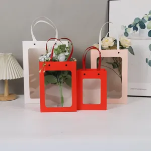 Sacs cadeaux en papier à fenêtre transparente, emballage de bouquet de fleurs, sacs de fête.