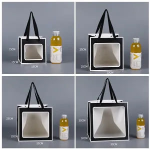 Bolsa de regalo en blanco y negro con ventana transparente, embalaje de papel portátil para pastel.