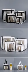 Bolsa de regalo de papel con ventana transparente, empaque de pastel de cumpleaños en blanco y negro.