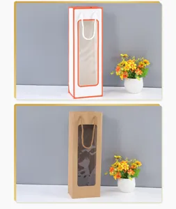 Vue détaillée du sac cadeau pour une bouteille de vin avec fenêtre et poignée pratique.