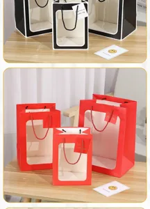 Transparent window gift paper bags, stylish handbag for flower packaging, party and wedding favors.