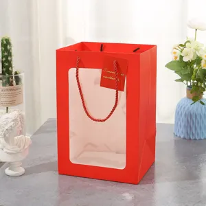 Bolso de regalo de papel rojo con ventana transparente, bolsa con asas y etiqueta para fiestas