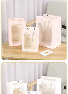 INS style transparent window gift bags, pink and white paper packaging bags for parties and flowers.