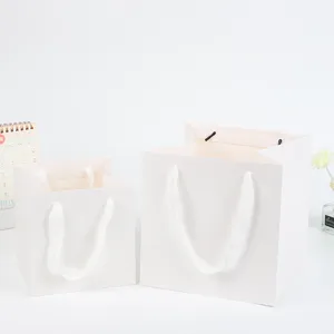 White square paper gift bags with ribbon handles for birthday cake and flower packaging.