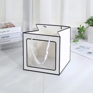 Bolsa de regalo blanca transparente con borde negro, ideal para empaquetar pasteles y fiestas.