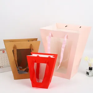 T-vormige bloem geschenkzak trapeze tote papier verpakking voor boeket romantische roos roze bruin