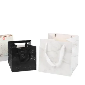 Marble pattern paper gift bags square packaging for birthday cake and flower gifts