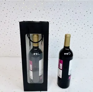Sac cadeau noir avec fenêtre pour bouteille de vin, emballage élégant pour champagne et fleurs.