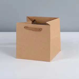 Square brown kraft paper gift bag wide bottom tote bag for bakery packaging and plants