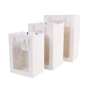 White transparent window gift bags set, elegant paper tote bags for flowers, parties and presents.