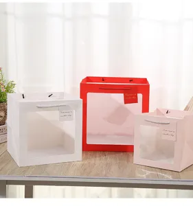 Square transparent window gift paper bags for flowers, dolls, and cakes. Premium quality.