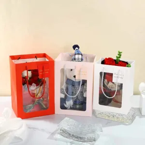 Transparent Window Paper Gift Bag Tote Bag With Handles For Flower Packaging Wedding Party Birthday Gift Storage Bag