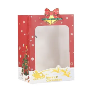 Borsa regalo di carta rossa di Natale con finestra, stampa oro Babbo Natale, confezione feste.