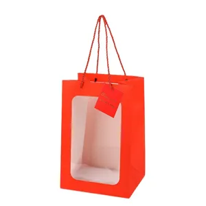 Red gift paper bag with clear transparent window, elegant rope handles and hanging tag for flowers.