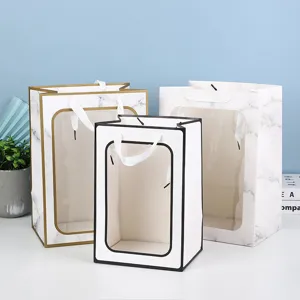Transparant venster cadeautas bloemenverpakking papieren handtas voor feestjes en feestdagen
