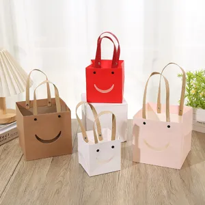 Square Clear Window Gift Bags Kraft Paper Tote Bags Smiling Face Present Packaging For Valentine Flower Party