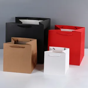 Square Gift Bags Thickened Wide Bottom Handbags Solid Color Paper Packaging Bags For Bakery Retail Gift Wrapping