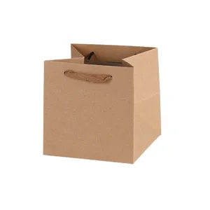 Square kraft paper gift bag with wide bottom, thickened tote packaging bag for store retail.