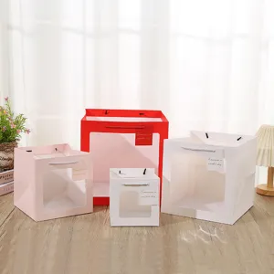 Square Transparent Window Paper Gift Bag Tote Bag For Flower Doll Cake Packaging Party Favors Shopping Bag