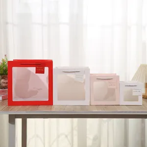 Square transparent window paper gift bag for flower doll cake packaging tote bags set
