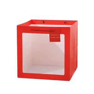 Red square paper gift bag with clear window, perfect for flowers, cakes and party packaging.