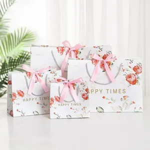Ribbon Bow Gift Bag White Cardboard Tote Bag Elegant Floral Marble Pattern Packaging Bag For Party Wedding Present