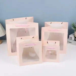 Sacs cadeaux roses avec fenetre emballage en papier carre pour fleurs mariage fete.