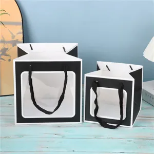 Sac cadeau carré à fenêtre transparente noir et blanc emballage cabas pour boutique de fleurs